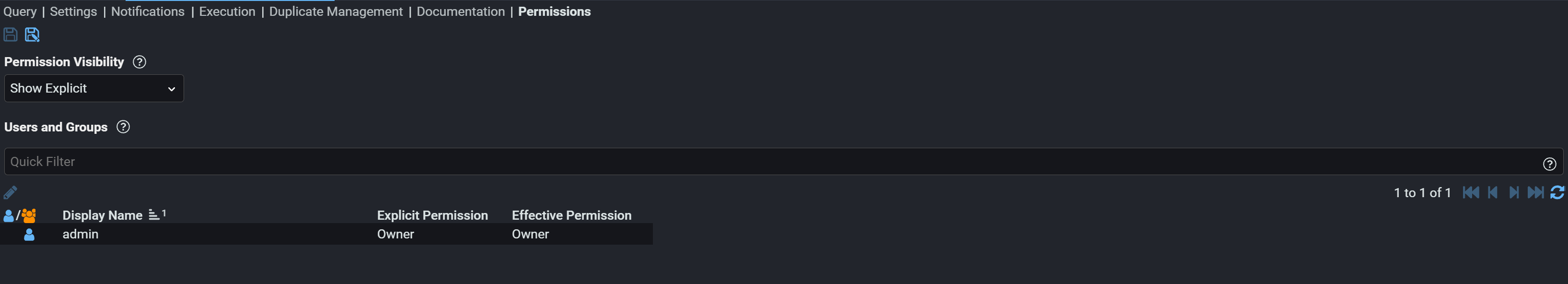 The permissions tab of a Stroom document, here an analytic rule. Permission visibility is set to show explicit permissions, and the users and groups table lists a single entry: the admin user, with Owner as both its explicit and its effective permission.