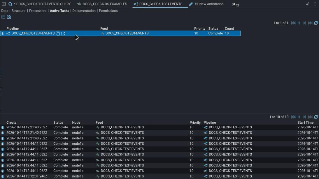 A pipeline's Active Tasks tab. The top list has one summary row: pipeline DOCS_CHECK-TEST-EVENTS, feed DOCS_CHECK-TEST-EVENTS, priority 10, status Complete, count 10. The bottom list shows the ten tasks behind it, each with its create time, status Complete, node node1a, feed, priority, pipeline and start time.