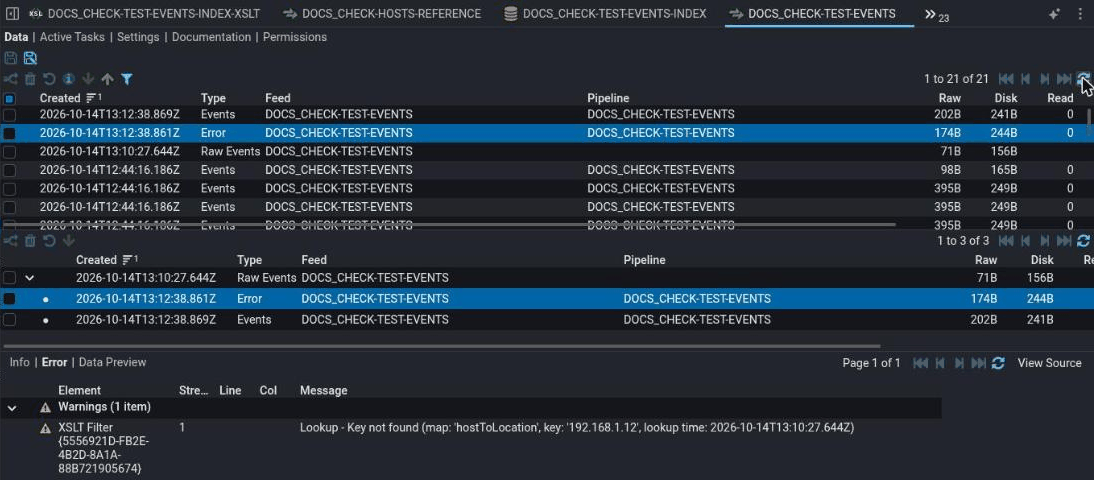 A feed's Data tab. The top list holds the feed's streams, with an Error stream highlighted. The middle list shows that stream's family: the Raw Events stream it came from, with the Error and Events streams beneath it, the Error stream highlighted. The bottom pane has Info, Error and Data Preview tabs and shows the Error tab: one warning from the XSLT Filter, Lookup - Key not found. Above the top list, the Process, Delete, Restore, Selection summary and Download buttons are greyed out.