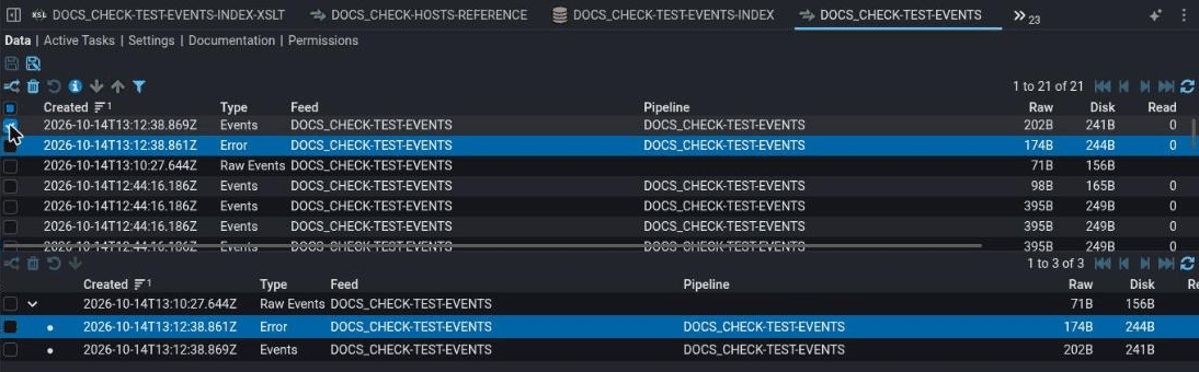 The same Data tab with the top Events stream ticked while the Error stream below it is still highlighted. The toolbar's Process, Delete, Selection summary and Download buttons are now in colour; Restore is still greyed out. The middle list still shows the highlighted Error stream's family.