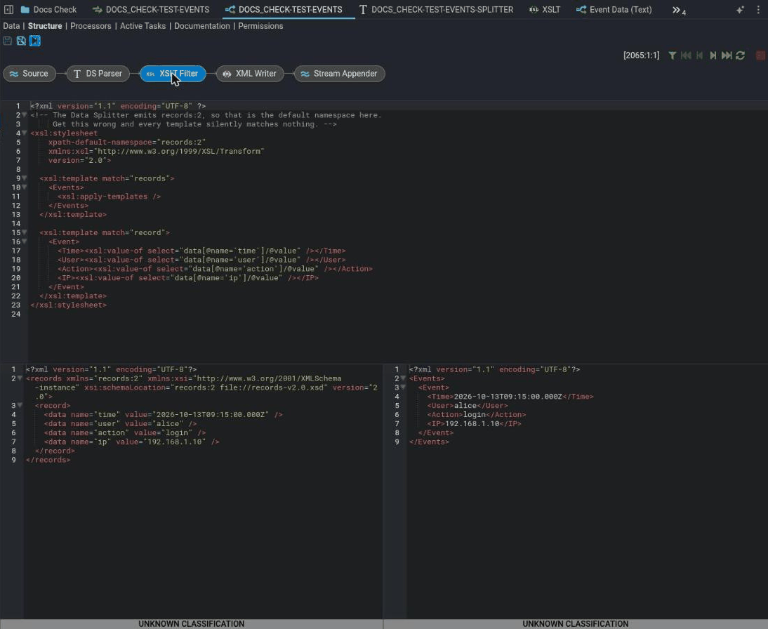The Stepper with the XSLT Filter element selected in the pipeline chain of Source, DS Parser, XSLT Filter, XML Writer and Stream Appender. The XSLT stylesheet, with xpath-default-namespace set to records:2, is in the editor at the top. Below it, the left pane shows the input: one records:2 record with data elements for time, user, action and ip. The right pane shows the output: an Events element containing one Event with Time, User, Action and IP values from that record.